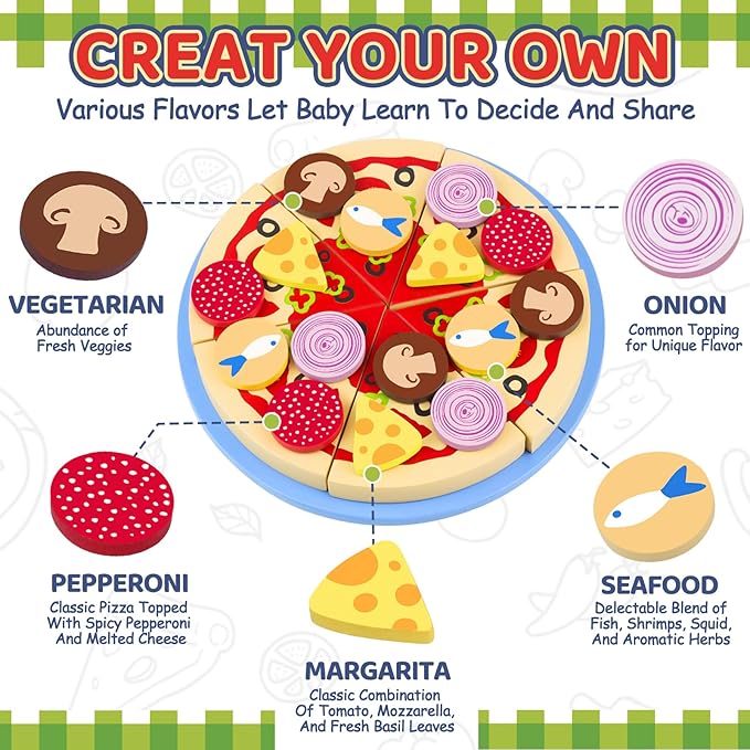Wooden Pizza Play Food Set - 24 Pcs Cutting Toys, Pretend Play Kitchen Accessories for 3-5 Year Old Toddlers Boys & Girls