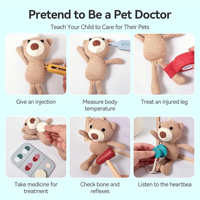 Doctor Kit for Toddlers 3-5, Pet Vet Pretend Play Toys for Kids, with X-Ray, Wooden Light Box, Medical Tools, STEM Educational Montessori Toys