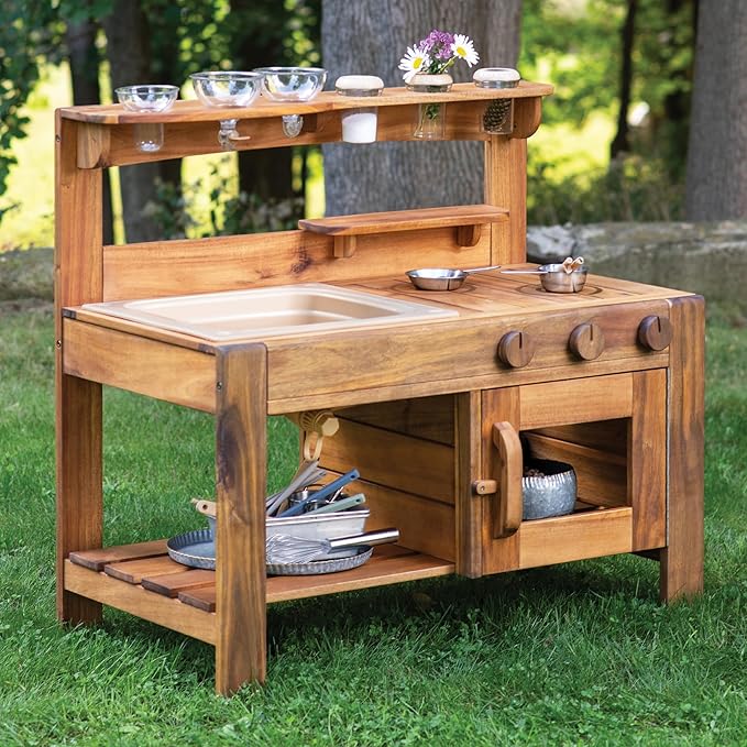 Guidecraft Acadia Kids' Outdoor Mud Kitchen Playset - Pretend Play Kitchen with Sink, Stove, and Accessories | Wooden Backyard Playset | Outdoor Play Furniture for Kids | Outdoor Toddler Activities