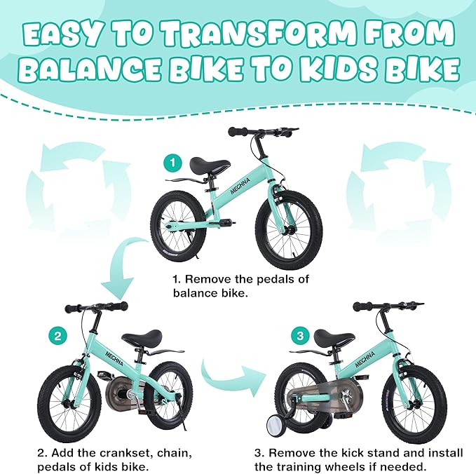 ZUKKA Toddler Balance Bike 2 in 1 with Detachable Training Wheels 14 Inch Kids Bike Aged 3-7 Years Old with Adjustable Seat Handlebar and Coaster Brake for Boys Girls