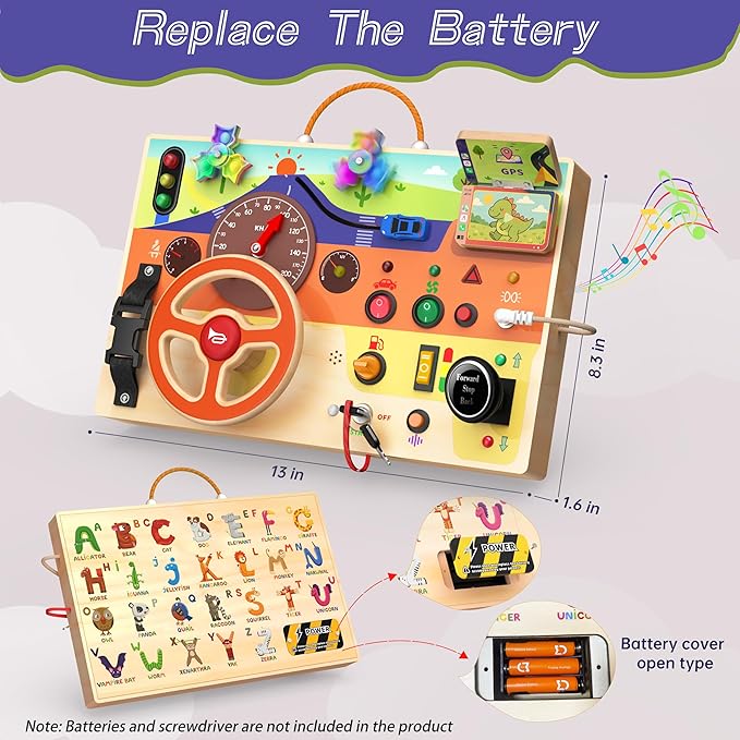 Busy Board Montessori Toys for Toddlers 1-3 with Steering Wheel, Lights & Switches, Wooden Driving Activity Board | Sensory Montessori Busy Board for 1+ Year Old, Toddler Learning & Travel Toy