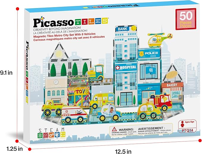 PicassoTiles Metro City Hospital Magnetic Tile Building Set with 8 Vehicles and Figures Educational Magnet Blocks Construction for Kids Age 3 Plus STEM Role Play Town Imagination Learning Toy PTQ14