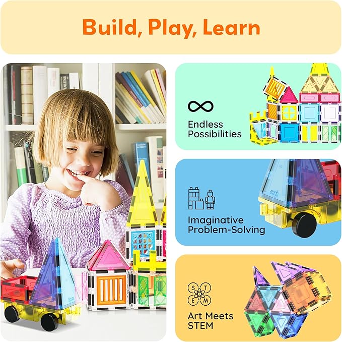 PicassoTiles 101 Piece Magnetic Tile Building Blocks Set with Durable Storage Bag STEM Educational Construction Magnet Toy Kit for Toddlers Preschool Kids Boys Girls Age 3 Plus Indoor Learning PT06