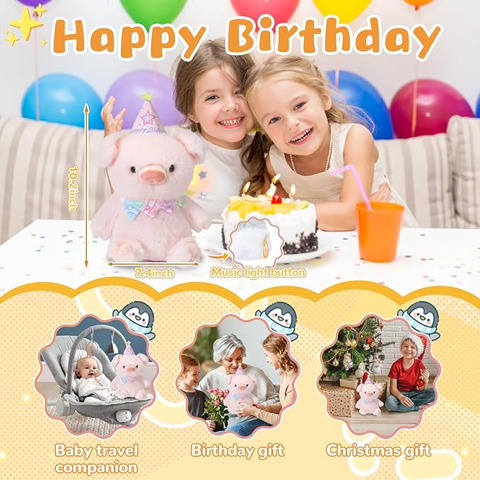 Birthday Interactive Pig, Musical Birthday Stuffed Animal, Clapping Activates Singing Dancing Shaking, Cute Pig Plush Recording Mimicking Toy Gifts for Kids Girls Boys