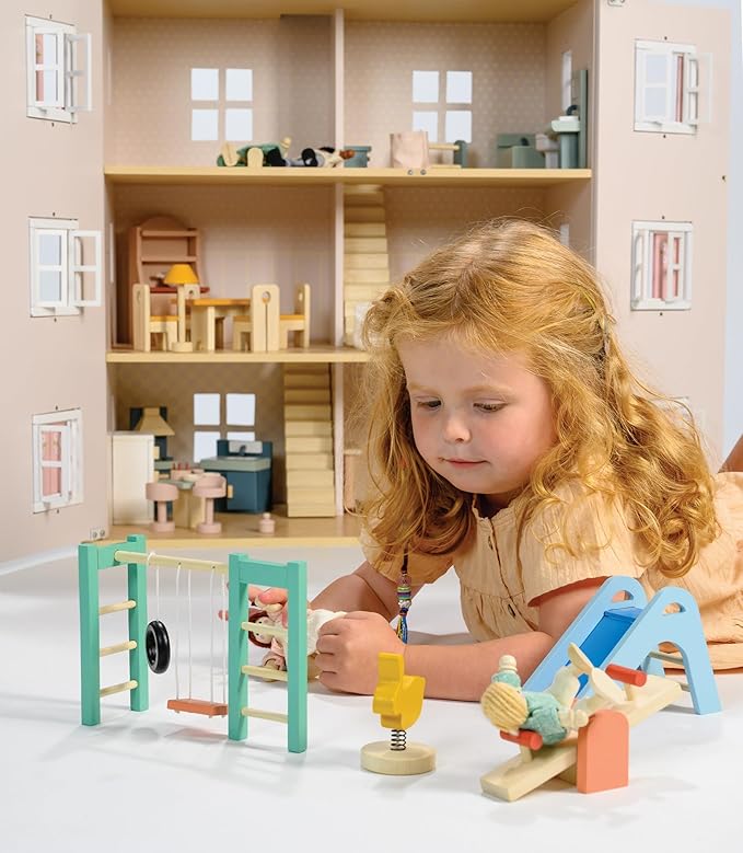 Mentari Toys - Playground Set - Wooden Playground Equipment for Doll House - Interactive Pieces for Small World Play - Encourages Fine Motor Skills and Imaginative Play in Boys and Girls - Age 3+