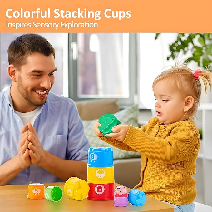 MOONTOY Stacking Cups Baby Toys 6 10 12 18 Months, Montessori Toys for 1 Year Old Toddler Learning Toy with Numbers Shapes Patterns, Baby Bath Toy 6-12 Months, Gifts for 1 2 3 Year Old Boys Girls