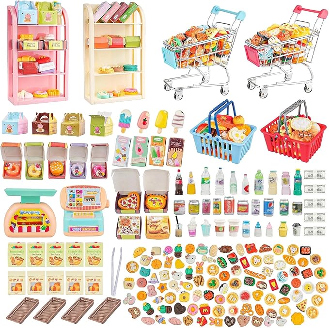 196Pcs Mini Shopping Cart Basket Trolley Grocery Game Model Miniature Drink Bottle Food Pizza with Box Supermarket Metal Handcart Toy Doll House Store Cosplay Pretend Kitchen Shelf Cash Register