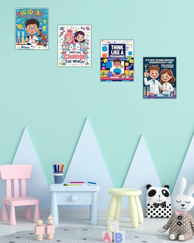 CNTG Design Motivational STEM Posters – Set of 4, 8x10 Inch Unframed Wall Art – Inspirational Science & Programming Quotes for Classroom, Study Room, or Office Decor (STEM Learning)