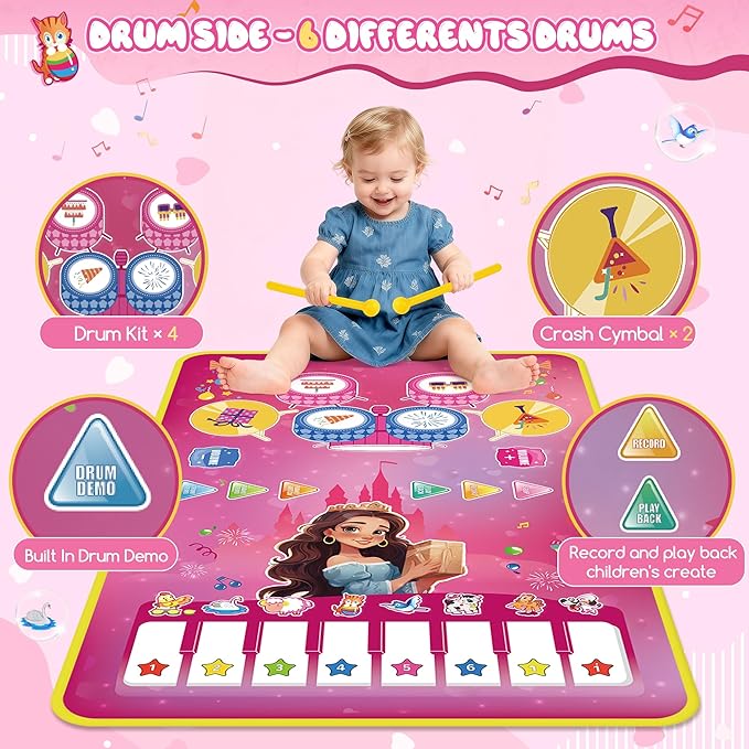 Piano Mat Toddler Baby Girl Toys, 3-in-1 Piano Drum Kids Musical Play Mat Infant Music Toys 12-36 Months, Baby Birthday Gifts Early Learning Toy for 1 2 3 Years Old Boy Girls