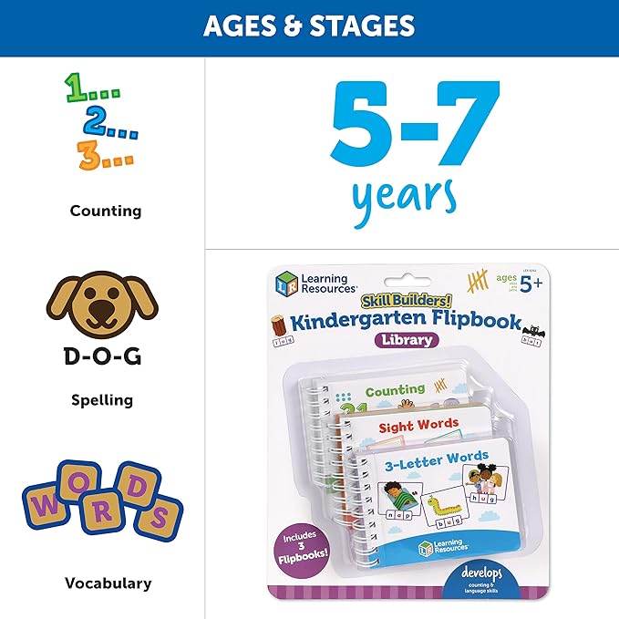 Learning Resources Skill Builders! Kindergarten Flipbook Library - 3 Pieces, Ages 5+ Kindergarten Learning Activities, Spelling and Counting for Kids, My First Library for Kids