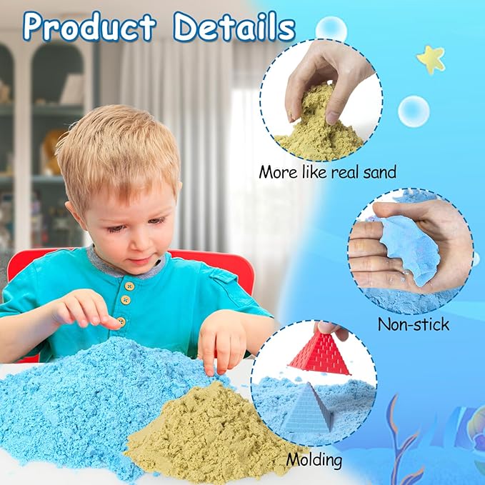 57Pcs Sensory Bin Toys, Ocean Mermaid Sensory Bin Sandbox for Kids Ages 2 3 4 5 6 7 8 with 2.64lbs Magic Sand, Castle Moulds, 4 Mermaids & 30 Sea Animals, Toddlers Play Sand Art Kits Gifts
