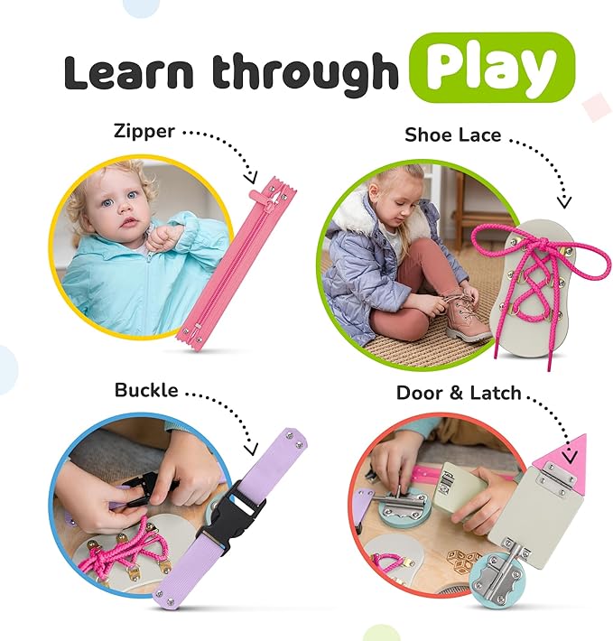 deMoca Sensory Busy Board for Toddlers, Premium Wooden Toddler Busy Board for 1 2 3 Year Old with 10 Educational Activities for Fine Motor Skills, Fidget Activity Toy for Travel Toy