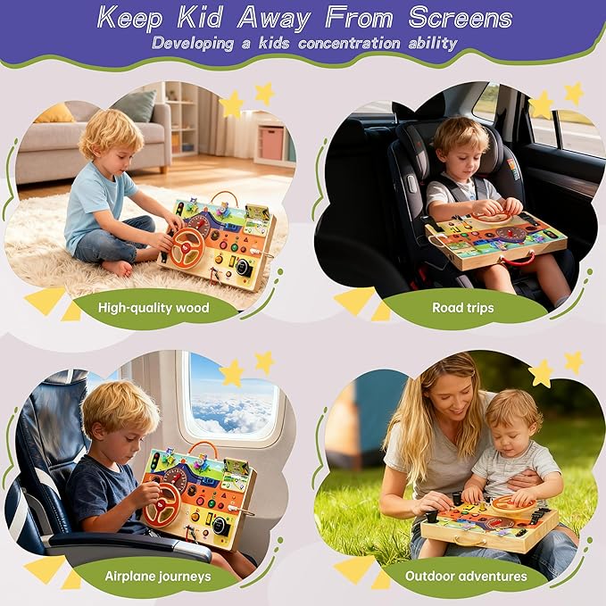 Busy Board Montessori Toys for Toddlers 1-3 with Steering Wheel, Lights & Switches, Wooden Driving Activity Board | Sensory Montessori Busy Board for 1+ Year Old, Toddler Learning & Travel Toy