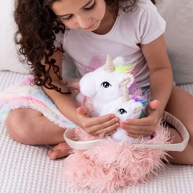 Perfectto Design Unicorn Toy for Girls Age 3, 4, 5. 4 PCS Set - Mommy Baby Stuffed Animal, Bag and a Doll Blanket. Unicorn Gift for 3-6 Year Old Girl Birthday or Christmas. (White Rainbow)
