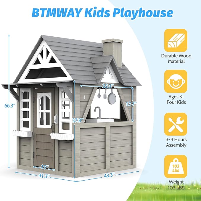 Kids Outdoor Playhouse,Cedar Gray Wooden Play House for Kids Ages 3-8, with Play Kitchen, Interactive Doorbell, Toy Phone, Sink, Flowerpot