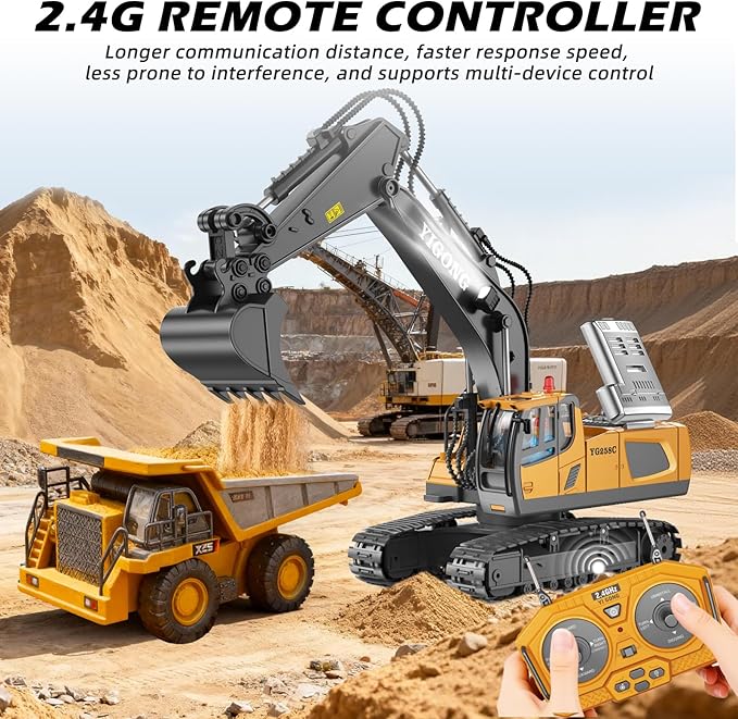 Remote Control Excavator Toy RC Play Excavator Construction Vehicles, 11CH 2.4Ghz RC Sand Digger with Metal Shovel & Light, Construction Truck Toys for Boys 3 4 5 6 7 8-12 Year Old Kids Birthday Gifts
