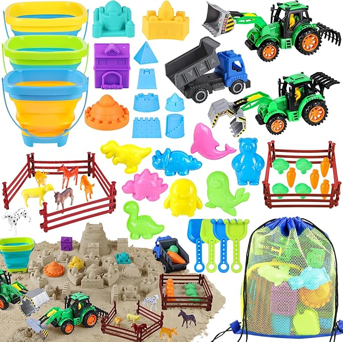Beach Toys, Farm Playset, Sand Toys with Collapsible Beach Bucket, Take Apart Tractor, Sand Castle Building Kit, Farm Animals, Beach Shovel, Mesh Bag, Indoor Outdoor Toys for Kids Ages 4-8