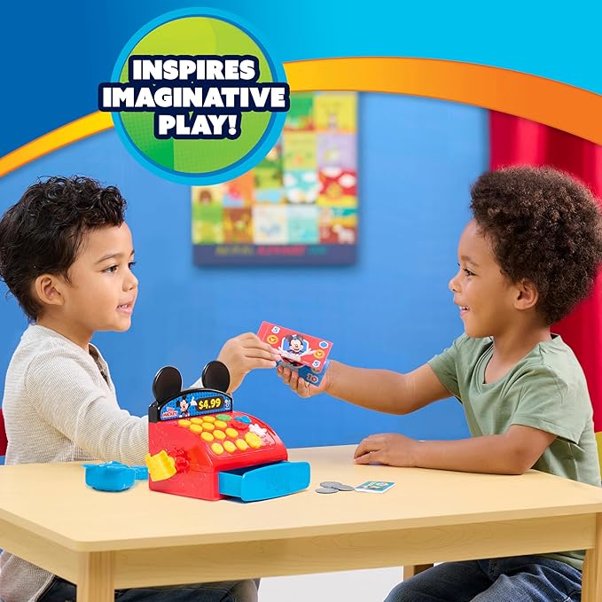 Disney Jr. Mickey Mouse Clubhouse Cash Register with Sounds, Phrases, and Pretend Play Money, 10-Pieces, Holiday Stocking Stuffers, Gifts, Presents, Ages 3 and Up by Just Play