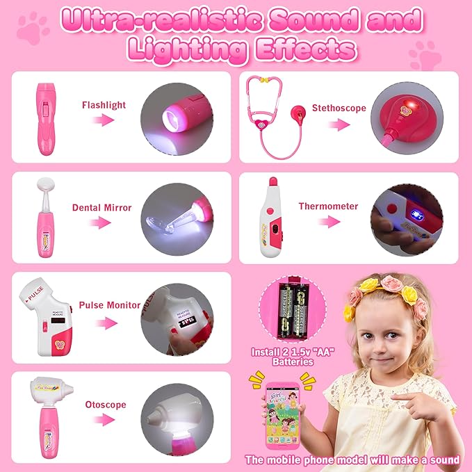 33Pcs Pet Doctor Kit for Toddlers - Dress Up Costume & Pretend Doctor Play Set with Cat Toy, Stethoscope, Pet Vet Roleplay Toys, Christmas Birthday Gifts for Ages 3 4 5 6 7 8 Year Old Boys Girls