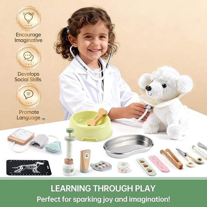 Wooden Doctor Kit for Kids Toddlers, Vet Play Set, Pretend Play Veterinarian Set, Doctor Toys Gift for Boys Girls 3 4 5 6