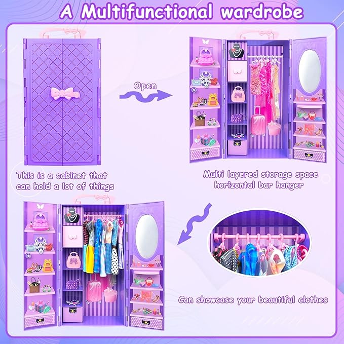 65Pcs Doll Clothes and Accessories with Doll Closet for 11.5 Inch Doll Dress up Set with 1 Doll Fashion Dresses Outfits Tops and Pants Shoe Rack Bags Gift Toy for Girls 4 5 6 7 8 9 10 Years