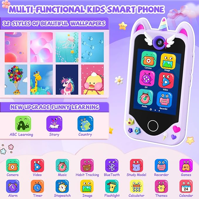 Kids Smart Phone for Girls Gifts - Toddler Christmas Birthday Gift for Age 3 4 5 6 Year Old, Kids Cell Phone Toy with Touchscreen, Dual Cameras, Learning, Kid Mp3 Player, Games with 32 GB Card