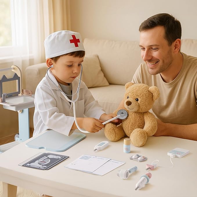 ROBUD Toddler Doctor Play Set, Complete Doctor Kit for Kids with Adjustable Height and Medical Tools, Wooden Pretend Play Pet Doctor Cart for Kids Aged 3+, Vet Kit for Imaginative Role Play Fun