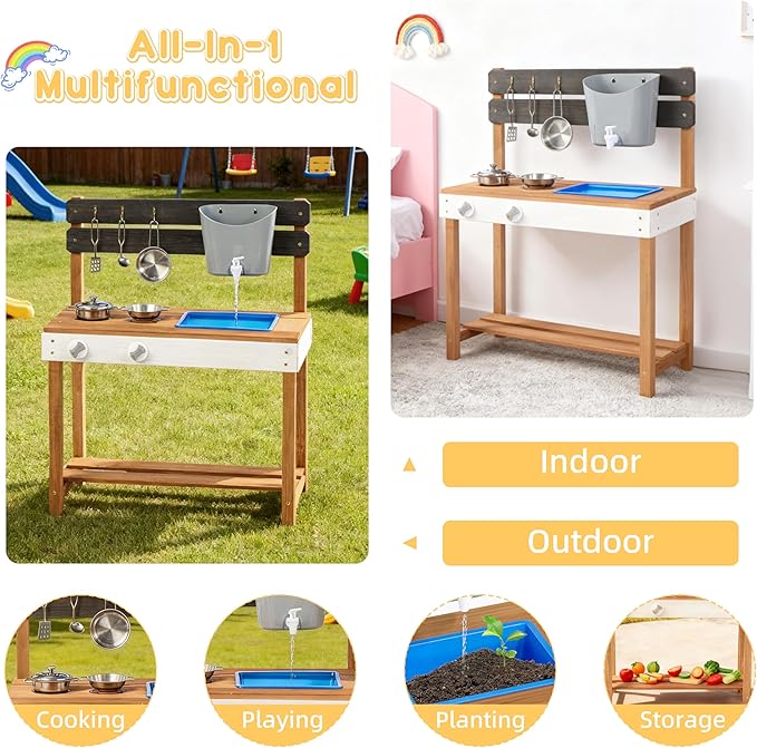 Kid's Wooden Play Kitchen, Outdoor Mud Kitchen with Water Play Set and Cooking Toys, Backyard Play for 3+ Years Kid