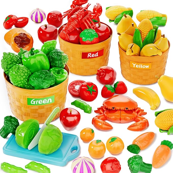 Toddler Toys Play Food Set, Learning Toy Cutting Food with Color Sorting Basket, Pretend Play Kitchen for Toddler 1-3 Preschool Learning Activities Montessori Toys for 1 2 3 Year Old Toddlers Kids