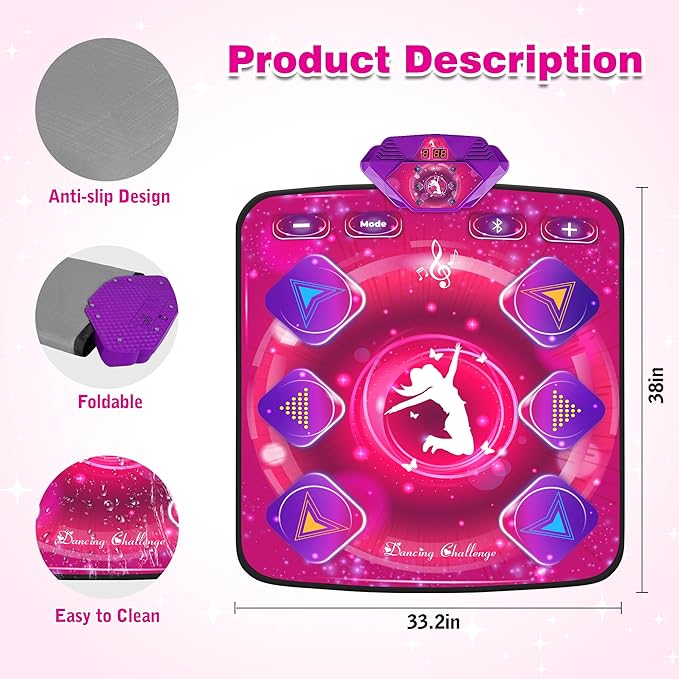 Dance Mat for Kids, Electronic Dance Pad with Wireless Bluetooth & LED Lights, Adjustable Volume, Built-in Music, 5 Game Modes, Xmas B-day Gifts for 3+ Years Old Girls Toys (Bluetooth Type-Purple)