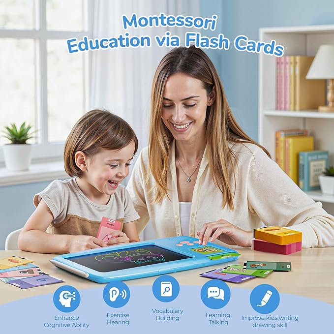 Talking Flash Cards for Toddlers: 2-in-1 LCD Writing Tablet Kids - Montessori Language Learning with 510 Words - Autism & Speech Therapy Toys for Children Gifts, Blue