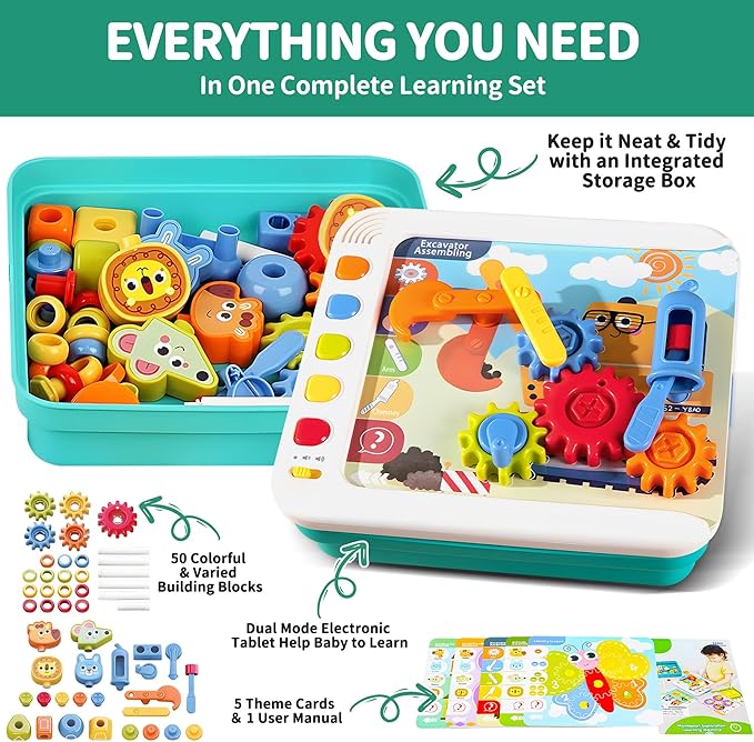 STEM Learning Toys for Kids Age 3-6, Interactive Montessori Busy Board with Flash Cards, Gears, Animals, and Building Blocks, Alphabet Educational Learning Tablet for Toddlers Ages 2 3 4 5 6