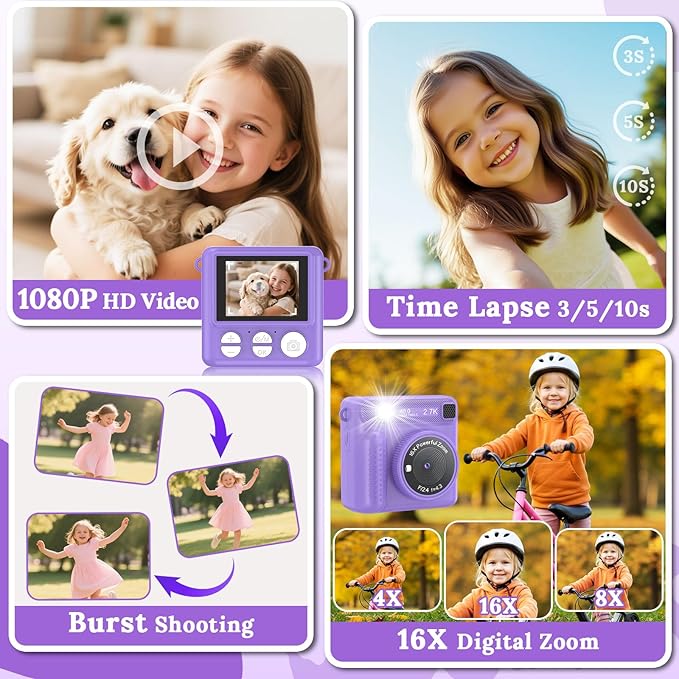 Kids Camera Instant Print, HD Digital Video Recorder with 32GB SD Card, Gifts for 3-12 Year Old Girls and Boys, Portable Toy for Toddlers and Kids(Purple)