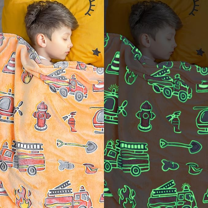Fire Truck Blanket Glow in The Dark Blanket for Toddler Boys Gifts Toys for 3 4 5 6 7 8 9 10 Year Old Construction Blankets Firetruck Birthday Gifts for Kids