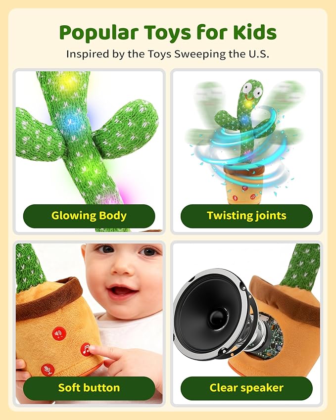 Rechargeable Dancing Talking Cactus Toy for Baby Toddler, Boys Girls Gifts Singing Mimicking Toys Recording Repeating What You Say with 120 English Songs