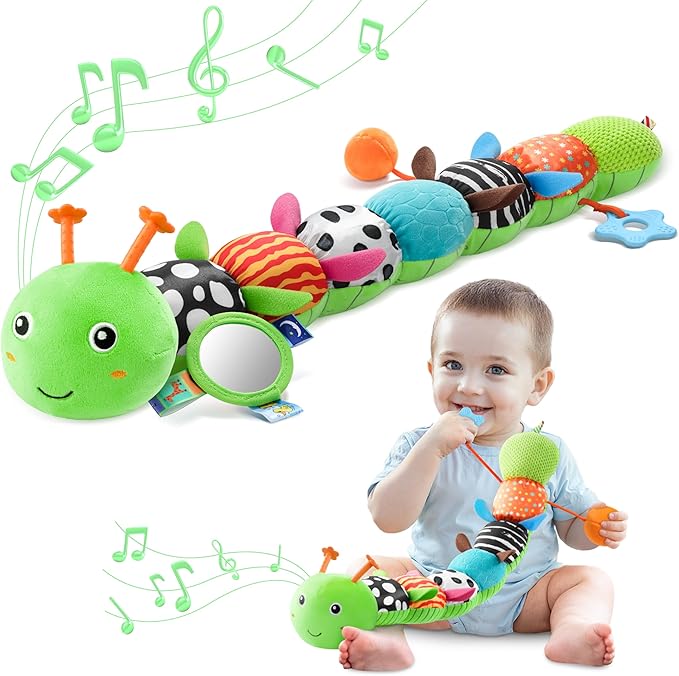 Baby Toys 0-6-12 Months,Musical Caterpillar Stuffed Animals Activity Infant Toys with Crinkle,Rattles,Mirror&Pull String,Muti-Sensory Toys Gifts for Newborn Tummy Time,Kelly Green|Leafy