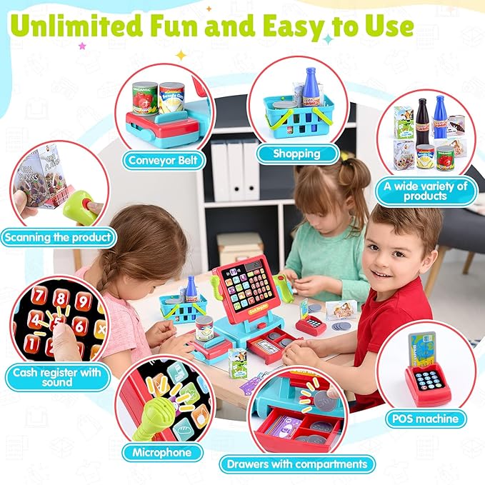 PLAY Kids Cash Register Toy Supermarket with Register Pretend Play Calculator Register Toys with Scanner/Microphone/Credit Card/Conveyors/Cans/Drink/Play Money, Cash Register for Kids Ages 3+