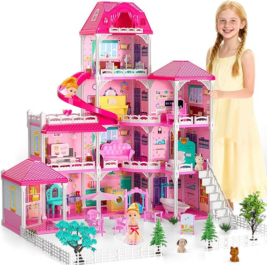 Dollhouses, Housetoys Furniture Pink Girl Toys, 4 Stories 10 Rooms Dreamhome with 2 Princesses Slide Accessories, Toddler Playhouse Gift for for 3 4 5 6 7 8 9 10 Year Old Girls Toys