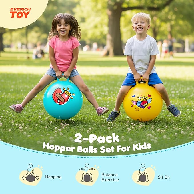 EVERICH TOY 2-Pack Hopper Ball for Kids, 18In Hippity Hop Balls, Yellow & Blue Bouncy Ball with Handle, Indoor Outdoor Inflatable Hopping Toy sfor Girls Boys Gift with Pump