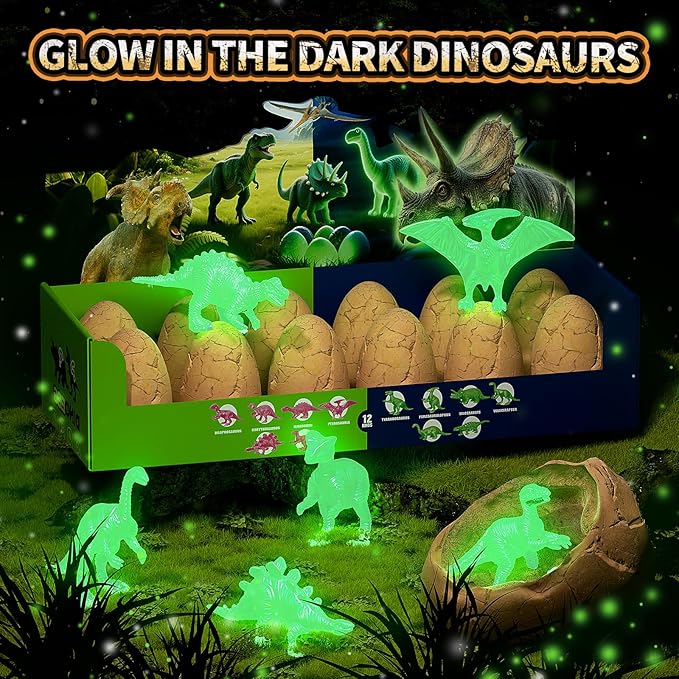 12 Glow in The Dark Dinosaur Eggs, Dig Kit Toys for Kids, Surprise Dinosaur Eggs Excavation Kit with Magnifier, STEM Birthday Party Favor Gifts for Boys Girls Age 3 4 5 6 7 8 9 10 + Years Old