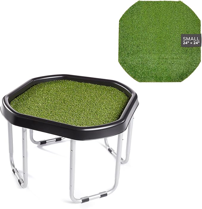 MEKA Small (28"x28") Tuff Tray Black with Artificial Grass Insert Play Mat Bundle, Sensory Tray Plus Stand Set, Sand and Water Table for Toddlers, Outdoor Kids Table and Sensory Table