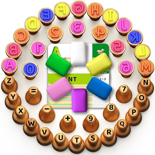 Montessori Wooden Alphabet & Number Stamp Set with Playdough, Flashcards, Toddler Learning Activities for 3-5 Year Olds, Learn ABCs, Numbers, Words, Addition - Preschool Classroom Supplies