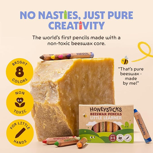 Honeysticks Little Learner Jumbo Colored Pencils (8 Pack) - My First Pencils with Non-Toxic Beeswax Core, Large Easy Grasp Pencil Size, Bright Colors, Toddler Coloring and Drawing, Ages 1-3, 2-4