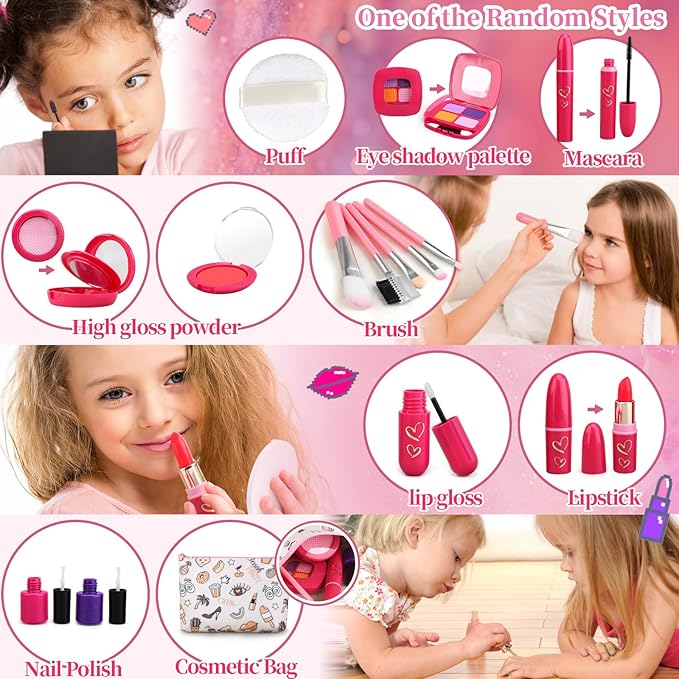 Pretend Makeup Kit for Kids 3-5, Blue or Beige Fake Makeup Set for Toddlers Girls, Play Makeup Gifts for Little Girls Age 3 4 5 6 7 Year Old, Make Up Toys Birthday (Random Style)
