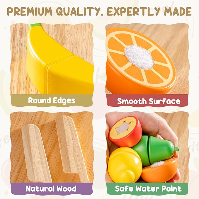 ROBUD Wooden Play Food for Kids Kitchen, Cutting Fruit for Toy Kitchen Accessories, Four-Color Fruit to Match Color, Develop STEM & Make, Montessori Toys for Toddler, WG423
