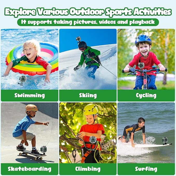 PROGRACE Kids Waterproof Camera - Birthday for 3-12 Year Old Boys 1080P HD Underwater Video Camera for Kids Pool Toys Toddler Digital Cameras with 32GB SD Card Green