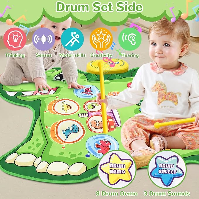 Cyiecw 3-in-1 Dinosaur Musical Mat, Piano Drum Play Mat Gifts for 1 2 3 Year Old Girls, Sensory Early Educational Musical Learning Toys for Baby Boys, Birthday Gift for Toddlers 1-5 Years Old