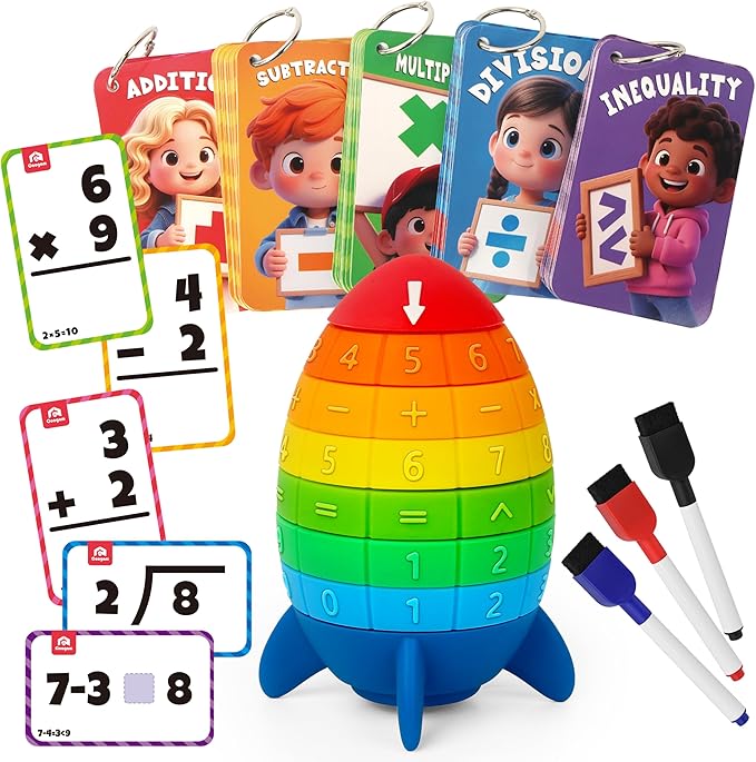 Coogam Math Manipulative Spinning Rocket Toys, Arithmetic Learning Number Game for Addition Subtraction Division Multiplication, Montessori Educational Math Cards for Kids Ages 3-8