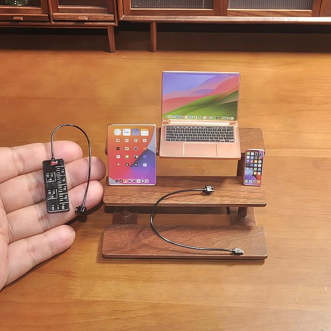 Miniature Electronics Set for Dollhouses: 1:6 Scale Metal Smartphone, Tablet, Laptop & Socket - Doll Accessory Compatible with 1:12 Scale Miniatures - 5 Color Variants (RoseGolden)
