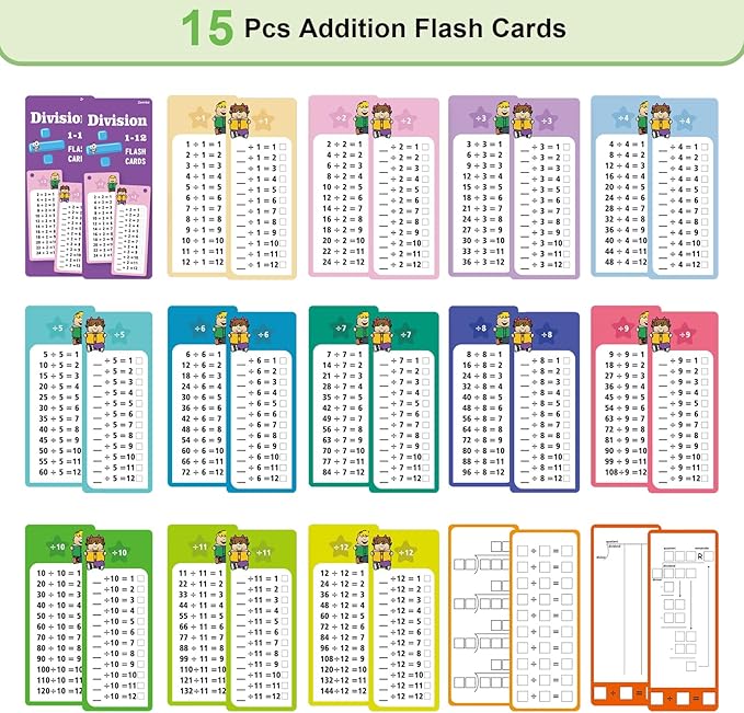 1-12 Math Flash Cards with 6 Dry Erase Pens, 15Pcs Big Division Flash Cards + 36 Pcs Random Double-Sided Division Practice Cards, Educational Math Flashcards for Kids Ages 6+
